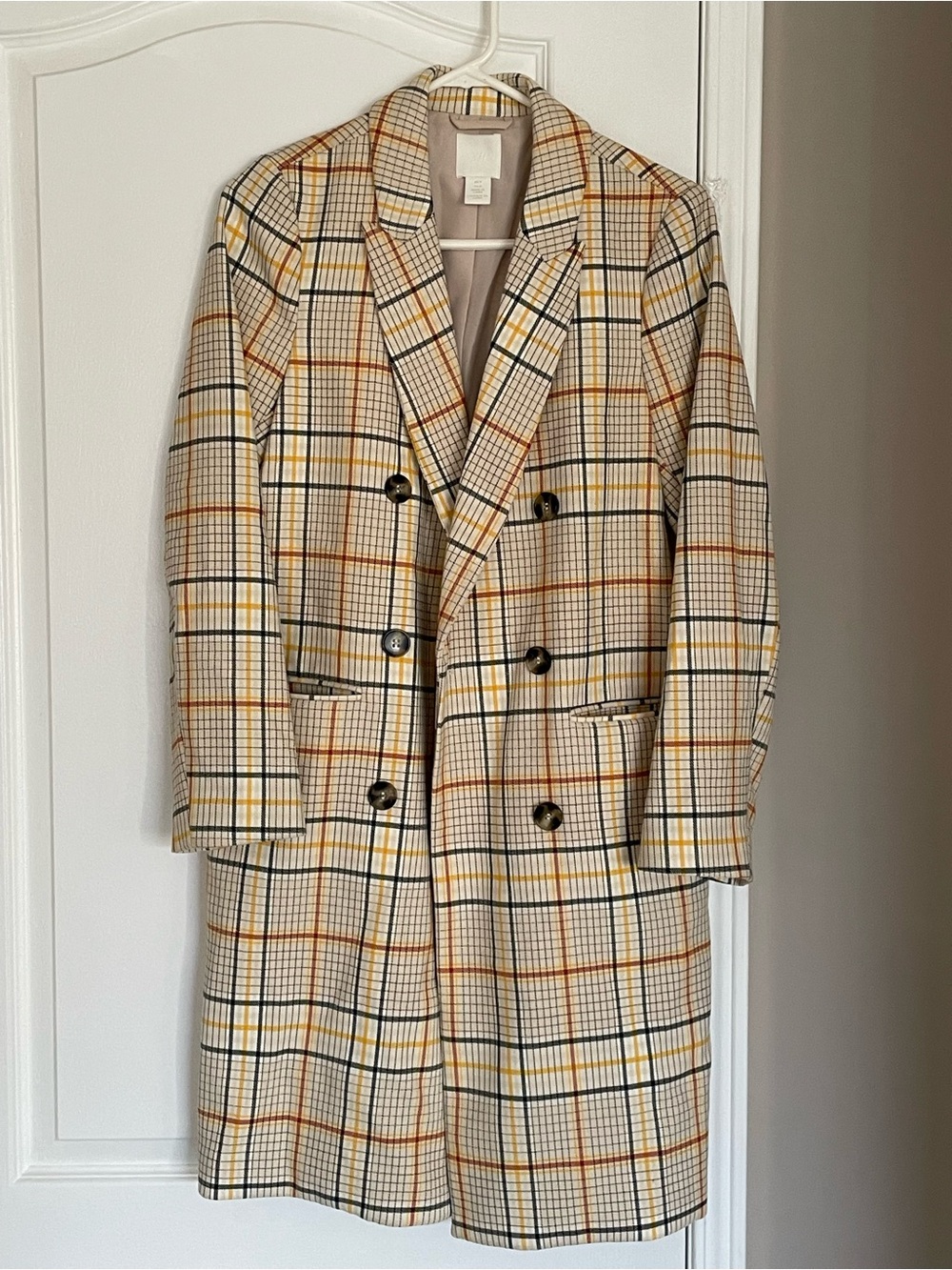 Women’s H&M Double-Breasted Plaid Blazer Coat in Cream, Tan & Yellow